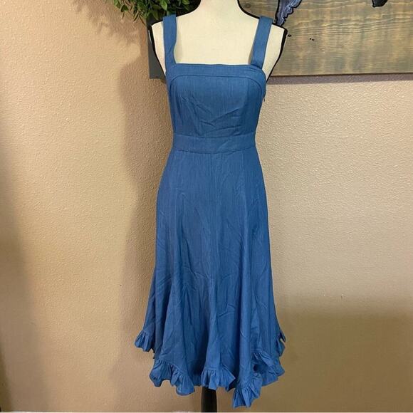 NWOT Lulus Darling Time Blue Chambray Handkerchief Midi Dress With Pocke… - Picture 3 of 9